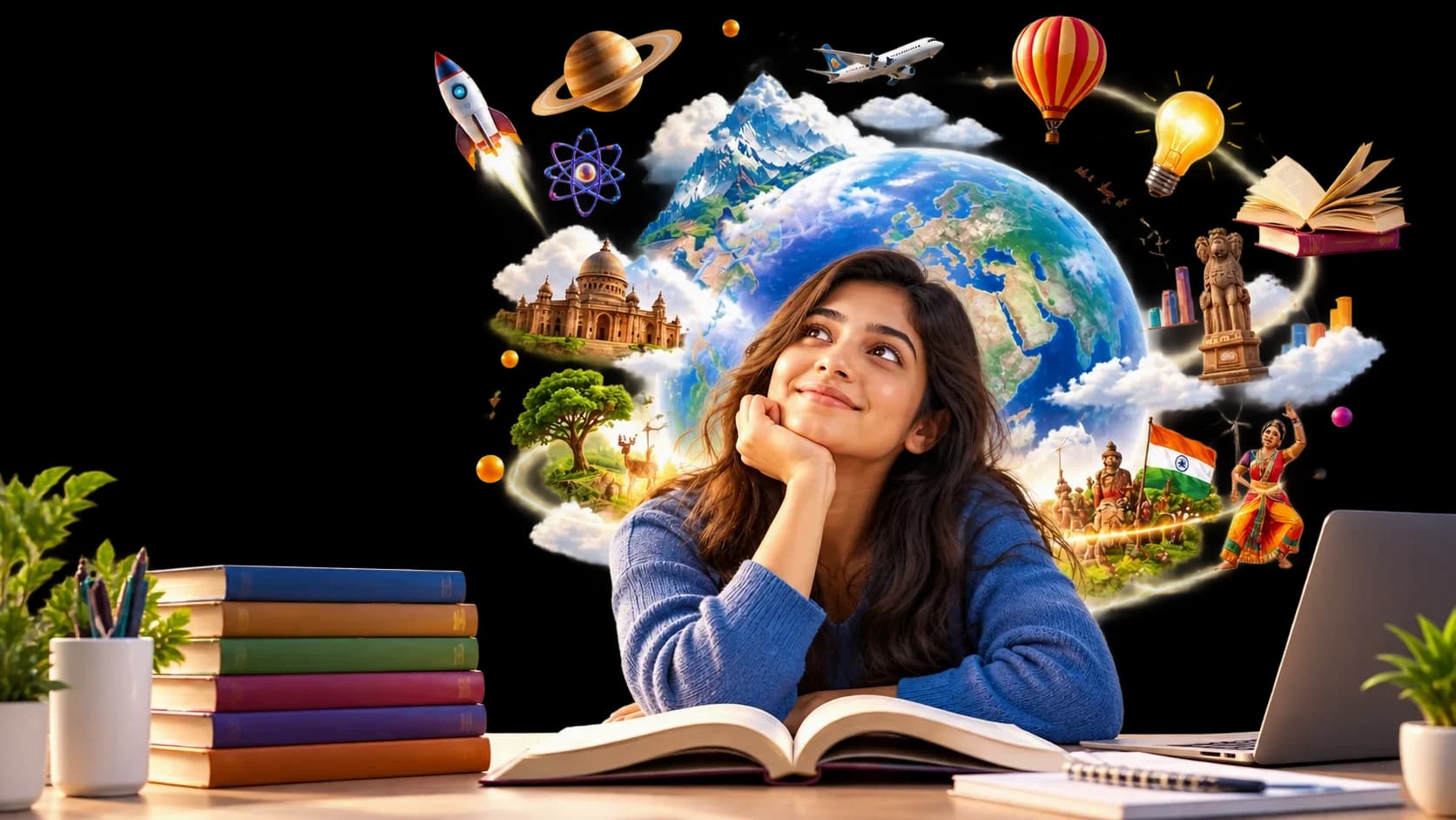 A student daydreaming over her books, surrounded by illustrations of a globe, monuments, a rocket, and other icons representing science, history, geography, and culture.